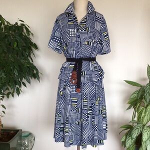 1970s 2-piece nylon knit skirt & top, geometric print M